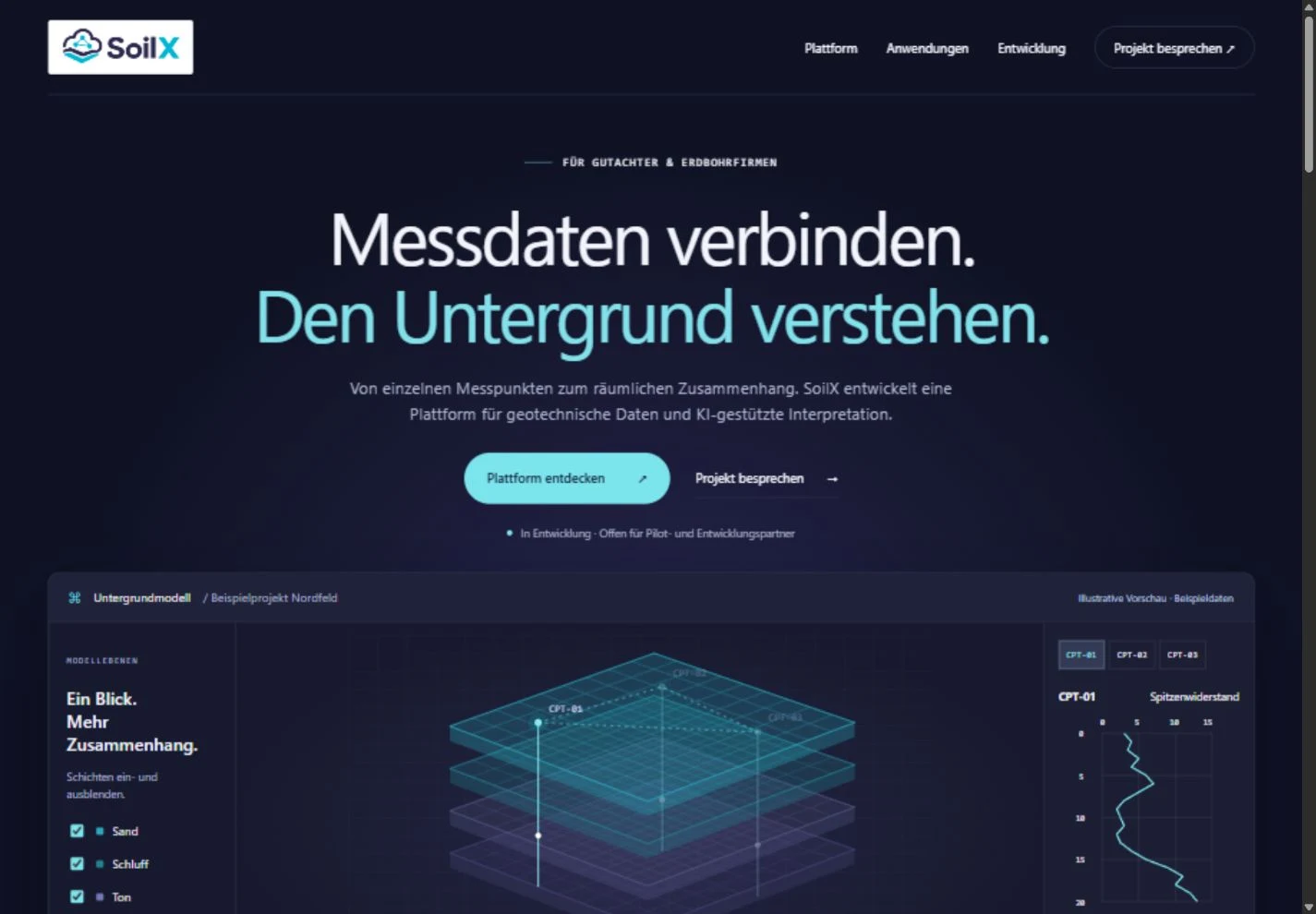 Vorschau der dunklen SoilX-Website mit räumlichem Untergrundmodell